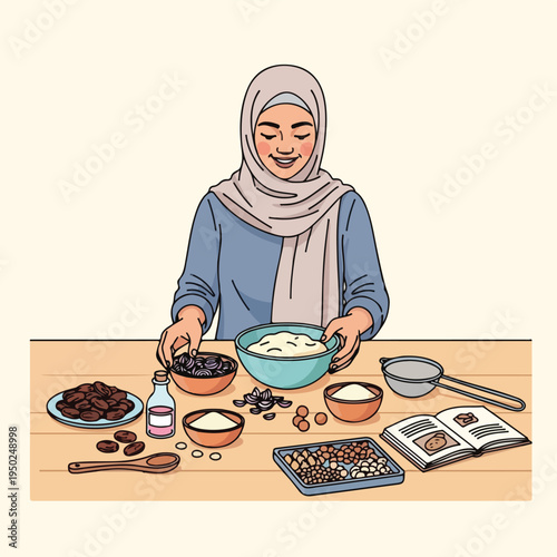 Woman wearing hijab cooking with various ingredients on table