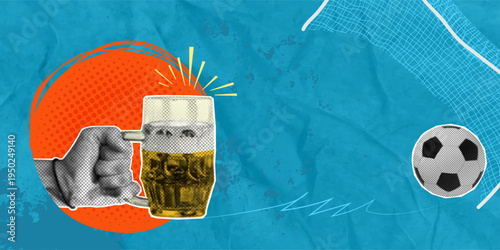 A trendy halftone collage in pop art style. The football championship final. A man's hand holds a glass of beer. The atmosphere is tense, the ball is in the goal. Triumph, victory. The fans are jubila