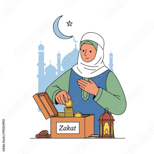 Muslim woman giving charity during Ramadan with crescent moon and mosque