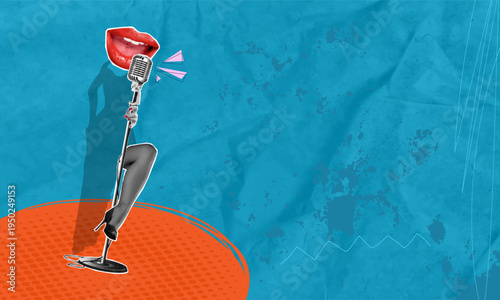 Trendy halftone pop art collage, image of young female singer, audio, karaoke, music, jazz, cable, wire, microphone, artist, concert, drawing, background.