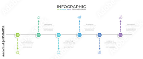 business infographic design with 6 parts or steps, containing icons, text, numbers, vector design