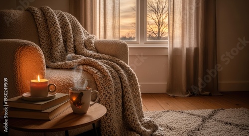 Cozy Living Room with Lit Candle and Warm Blanket.