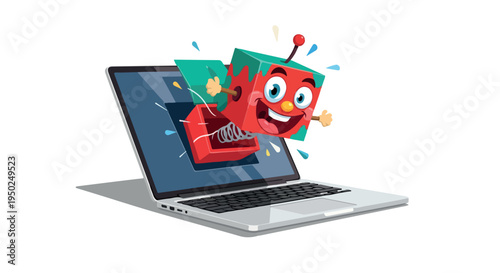 Cartoon robot emerging from an open laptop on a white background with colorful sparks.