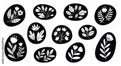 A collection of various leaf shapes and patterns displayed in a circular arrangement.