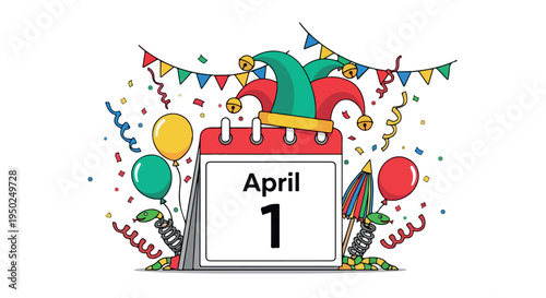 Illustration of a festive April Fool's Day scene with colorful decorations and party elements on a white background.