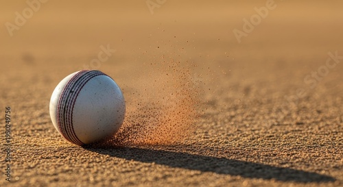 Cricket ball on sandy cricket pitch.