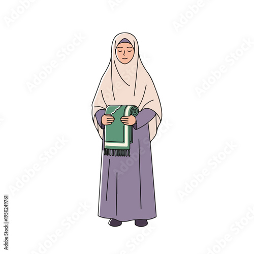 Muslim woman wearing hijab holding Quran book standing