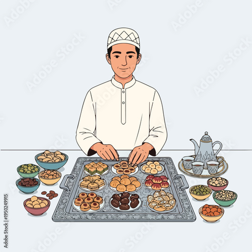 Man preparing traditional sweet and savory snacks on a tray