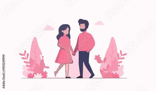 Happy family couple in love cute vector poster with pink mountains flowers and romantic nature illustration