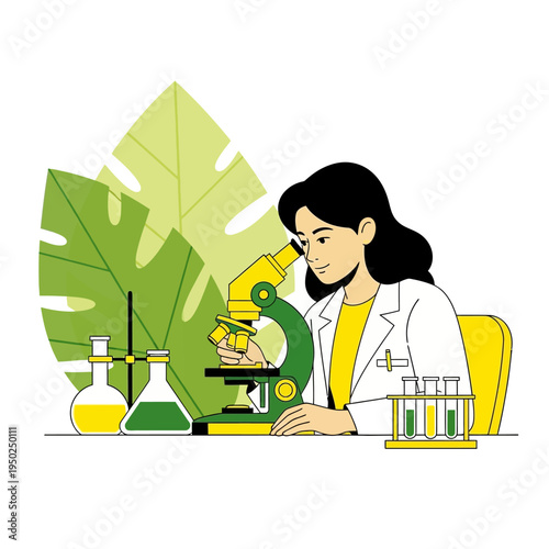 Scientist looking through microscope in laboratory, with flasks and test tubes