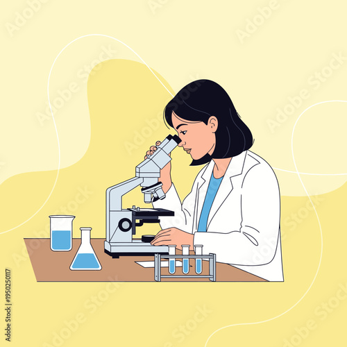 Scientist looking through microscope, conducting research in laboratory with test tubes and beakers