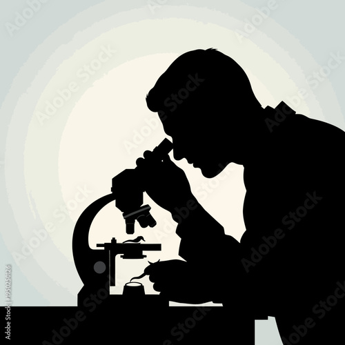 Scientist looking through microscope, conducting research in laboratory, close-up silhouette