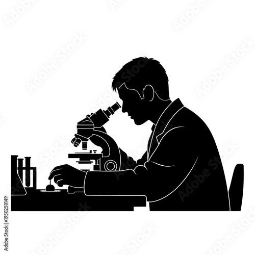 Scientist looking through microscope, conducting research in laboratory, close-up silhouette