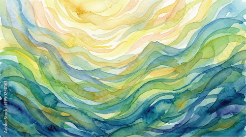 abstract watercolor painting of ocean waves under sunny sky with yellow light