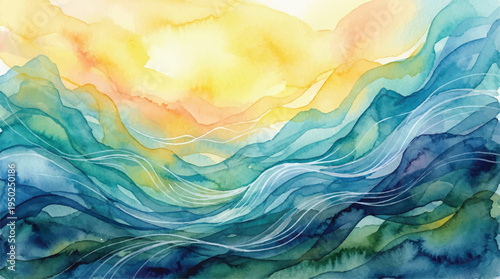 abstract watercolor painting of mountain landscape with colorful wavy lines and sunset sky