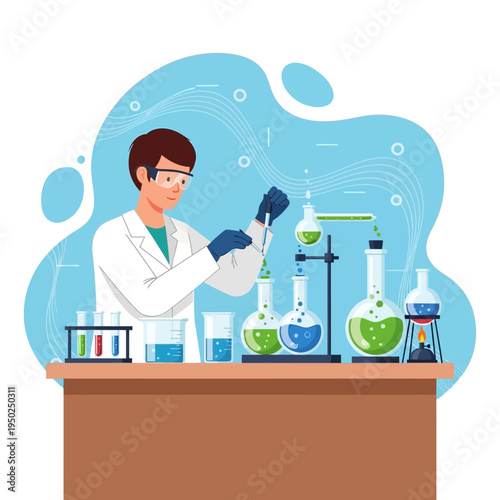 Scientist conducting experiment with colorful liquids in laboratory glassware, science research concept