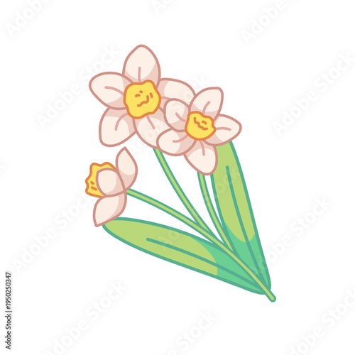 White and yellow daffodils in cute cartoon style for spring florals decorations. Isolated icon on white background.