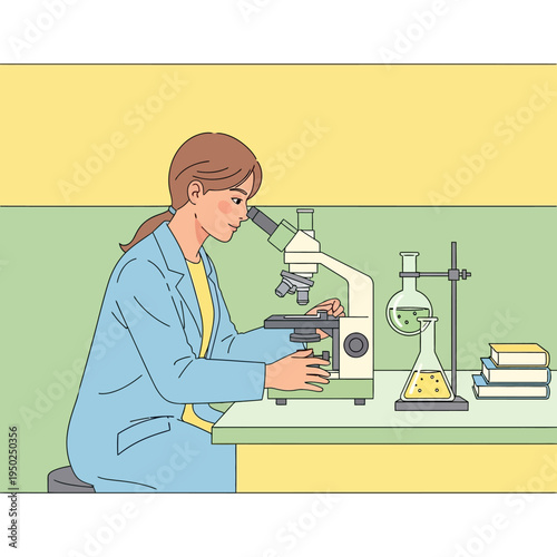 Scientist examining sample under microscope in laboratory with beakers and books