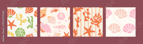 Set of seamless patterns with shells and corals in retro style. Repeatable tiles with marine theme for printing