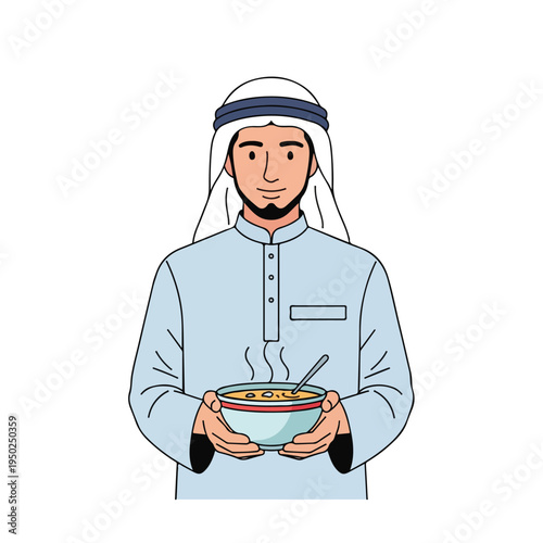 Man in traditional Middle Eastern clothing holding a bowl of food