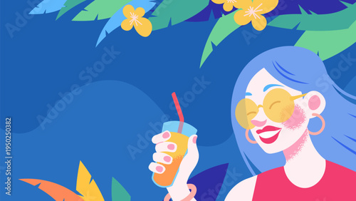 Summer Party Poster. Happy girl with a cocktail and tropical leaves. Vector background for text, invitations, discounts in blue colors