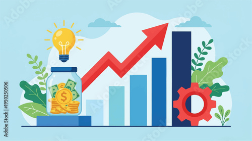 Business growth concept with money jar and graph showing increase