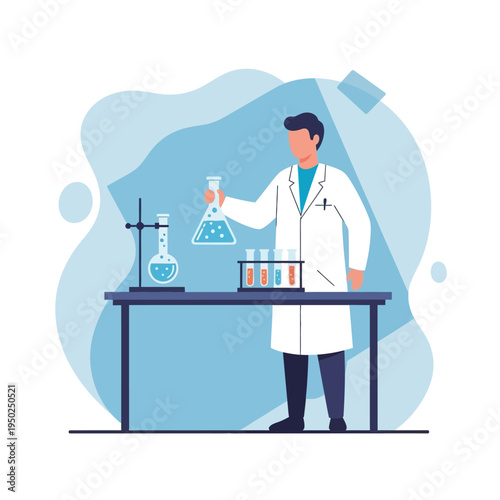 Scientist in lab coat holding flask with blue liquid, conducting experiment