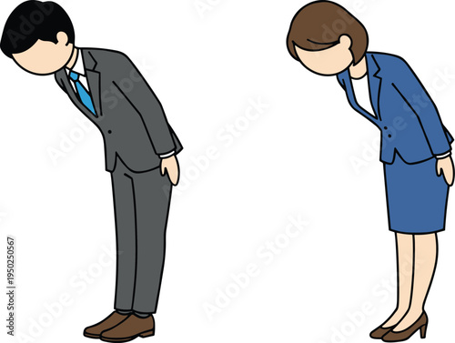 Business professionals bowing in formal attire, Japanese greeting gesture, cultural respect, workplace etiquette, corporate manners, office diplomacy