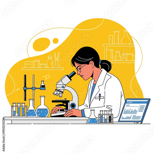 Scientist in lab coat using microscope, conducting research with lab equipment and laptop