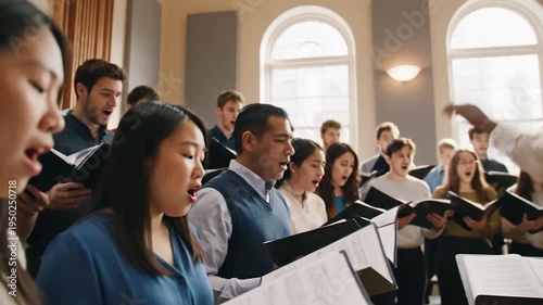 Diverse adult choir singing with sheet music in bright hall performance
