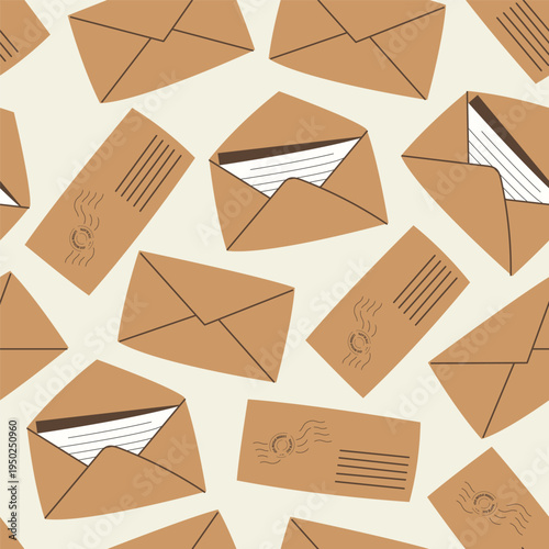 Seamless pattern of brown kraft paper envelopes on a light beige background