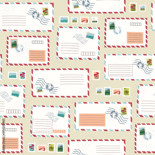 Seamless pattern of airmail envelopes and stamps on a light background