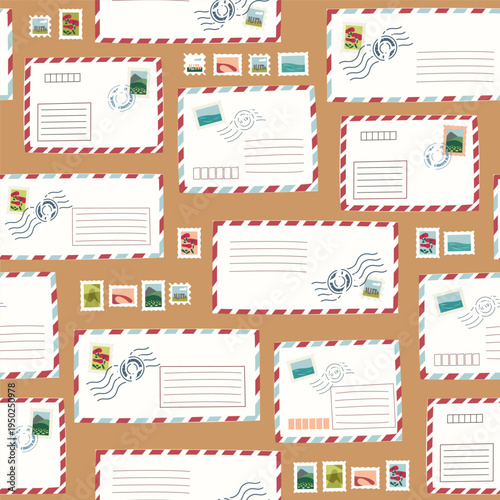 Vintage airmail letters and colorful postage stamps on a brown background