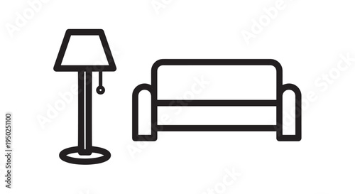 Simple black outline vector graphic illustration showing a floor lamp beside a modern sofa icon