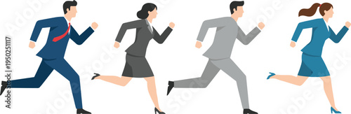 Business professionals running in suits, urgency, competition, teamwork, ambition, corporate race, fast-paced career challenge, success pursuit