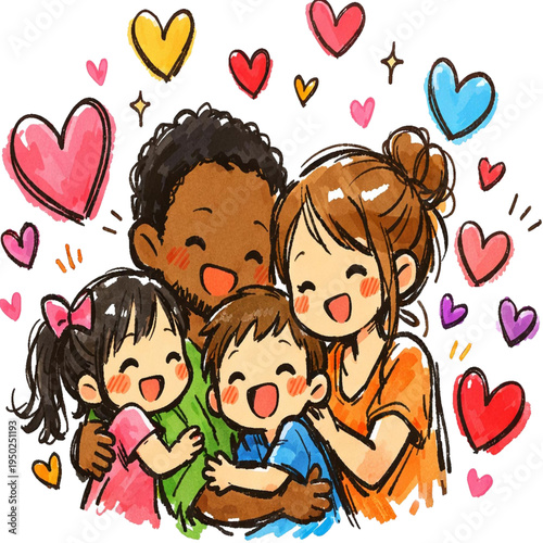 Joyful Family Embrace: A heartwarming depiction of a family embracing, radiating love and happiness, surrounded by hearts, celebrating unity and affection.
