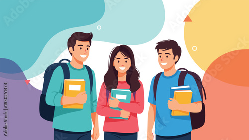 Group of three happy teenage students with backpacks and books standing together against a colorful abstract background with geometric shapes.