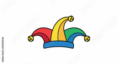 A colorful jester's hat with red, yellow, green, and blue points against a clean white background.