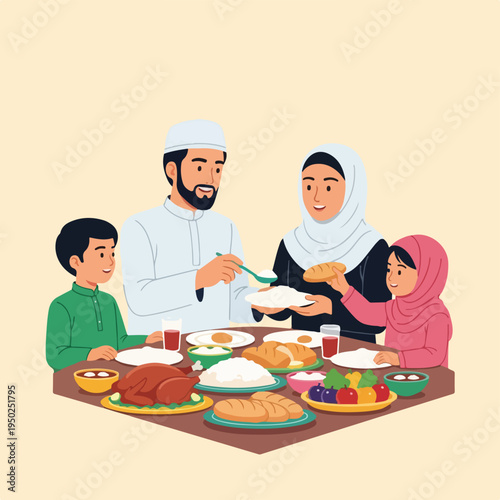 Muslim family sharing food together at dinner table