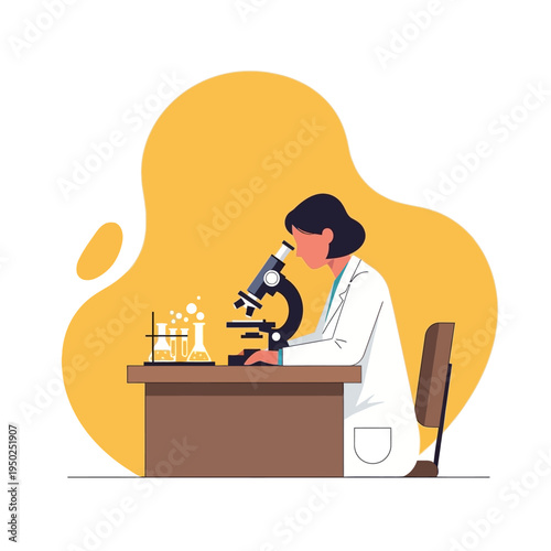Scientist working with microscope in laboratory, conducting research, science experiment, flasks with liquid