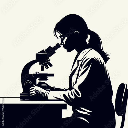 Scientist working with microscope in laboratory, close-up silhouette of woman in lab coat