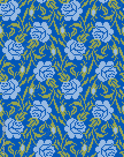 Seamless Ukrainian embroidery vector pattern with traditional vyshyvanka floral ornament. Yellow and blue flowers with decorative branches and leaves