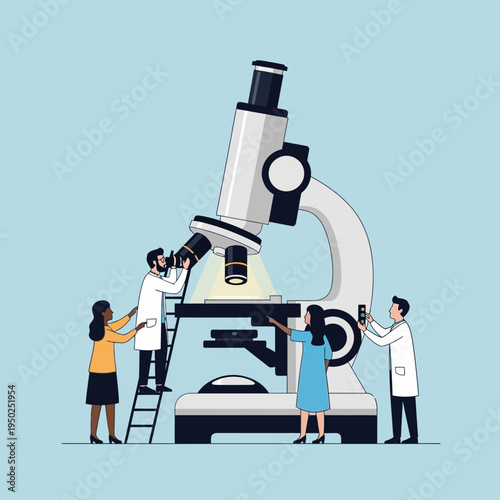 Scientists collaborating around a giant microscope, research and discovery concept