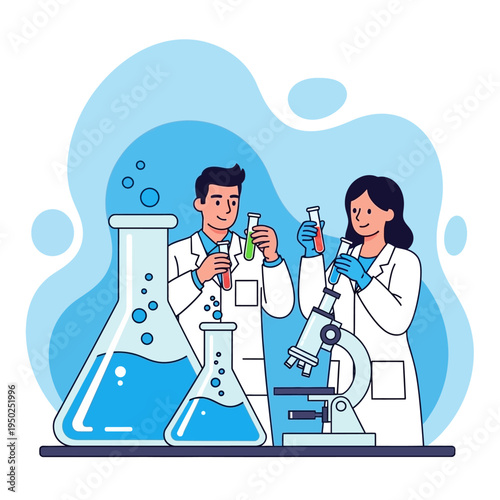 Scientists conducting experiment with microscope and beakers in laboratory