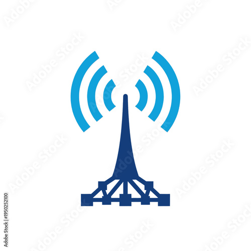 A stylized blue and white graphic illustration of a communication tower emitting radio waves.