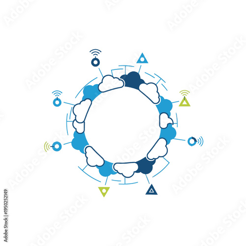 Circular diagram illustrating cloud computing and network connectivity with various icons representing data transfer and wireless signals.
