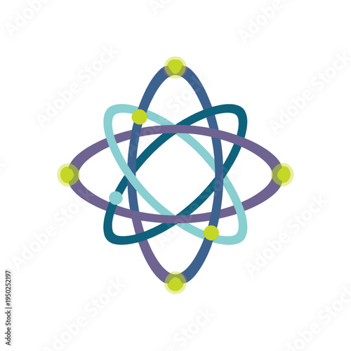 Abstract geometric representation of atomic structure with orbiting electrons and nucleus.