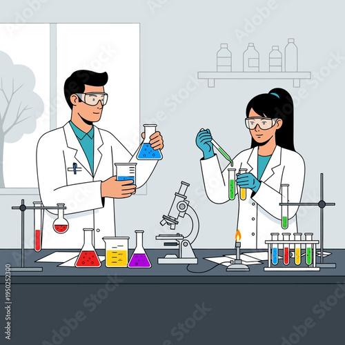Scientists in Lab Coats Conducting Experiments with Beakers and Microscopes