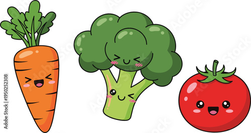 Cute Cartoon Vegetables - Carrot, Broccoli, and Tomato with Happy Faces