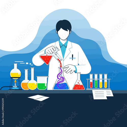 Scientist pouring colorful liquids into flask in laboratory, science experiment, research, discovery